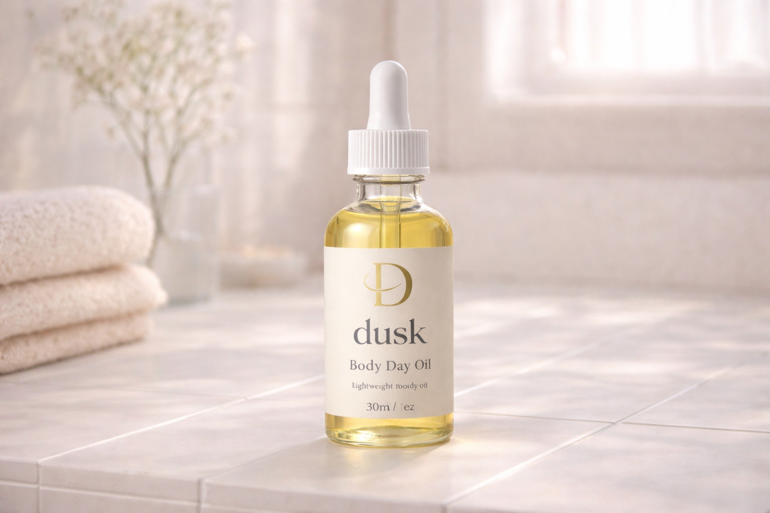 Bottle of Dusk body day oil on a bathroom counter with towels and a sponge in the background.
